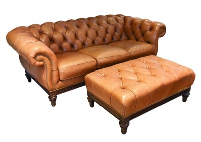 Chesterfield Style Leather Tufted Sofa and Ottoman