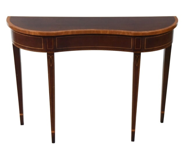 Federal Style Satin Wood Inlay Hall Table: Federal Style Satin Wood Mahogany Inlay Hall TableMeasures 29 inches x 39 inches x 11 inches.