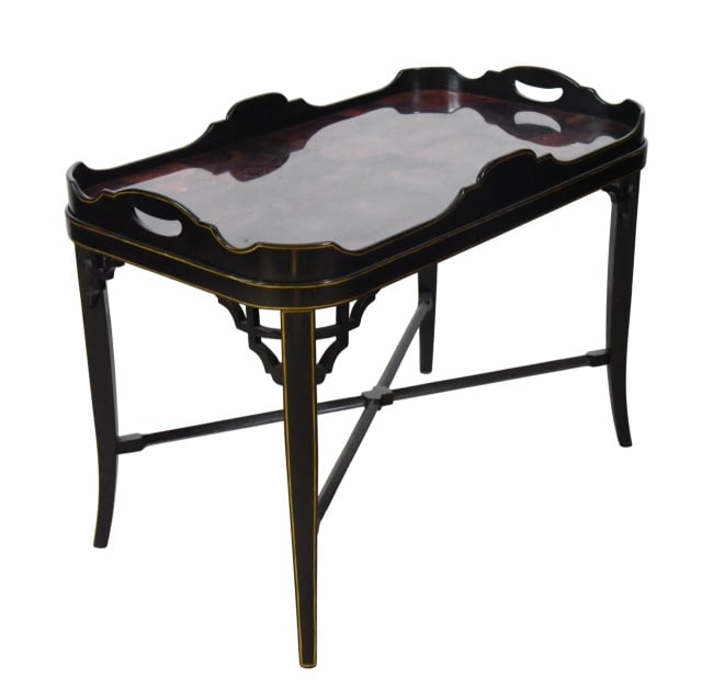 Henredon Lacquered Veneer Butler Tray Table: Henredon Black Lacquered Veneer Faux Tortoise Shell Pattern Butler Tray Table.Measures 25 inches x 34.5 inches x 20.5 inches.