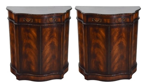 Pair Carved Mahogany Demi Lune Serpentine Cabinet