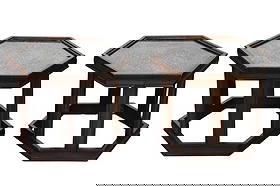 2 John Keal Hexagonal Side Tables Brown Saltman: 2 John Keal hexagonal Side Tables Brown Saltman. Crafted from walnut with a textured glass top.Measures 16 inches x 21 inches x 18.5 inches.