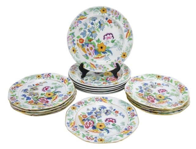 15 Antique Dresden Ironstone Chinoisserie Plates: 15 Antique Brittanicus Dresden Ironstone Chinoisserie Dinner and Lunch Plates. 6 dinner plates and 9 lunch plates. Lunch plates have a gold rim that shows wear. Dinner plate measures 10 inches.