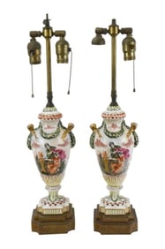 Pair Antique Capodimonte Converted Urn Table Lamps