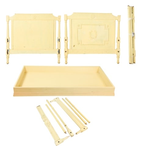 Gustavian Antique Hand Painted Bed Frame w Drawer: Antique Gustavian Carved Hand Painted Bed Frame with Custom Under Bed Drawer (not Antique).Measures Approximately 60 inches High w/ Canopy x 48 inches x 74 inches (Needs Restoration)