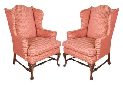 Pair Queen Anne Style Wingback Chairs