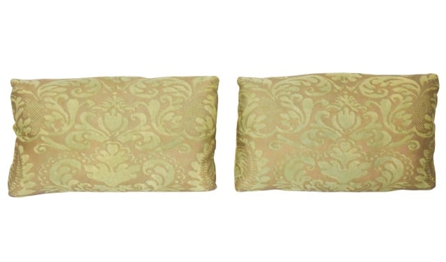 2 Italian Mariano Fortuny Gold & Green Pillows: Pair Italian Designer Mariano Fortuny Gold and Soft Green Down Pillows.Measures Approximately 11 inches x 18 inches
