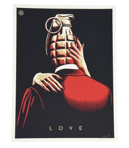 Shepard Fairey "Love Is The Drug" Screen Print: Shepard Fairey "Love Is The Drug" (Red) Limited Edition Screen Print. The design features hands embracing a hand grenade, with the word "LOVE" printed at the bottom. Created in 2012. Signed and number