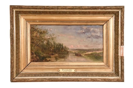 19th C Karl Daubigny Oil Painting of River Scene
