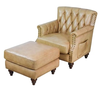 Chesterfield Style Leather Club Chair w/ Ottoman