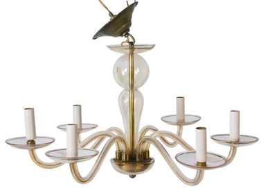 Art Deco Murano Amber Glass 6 Light Chandelier