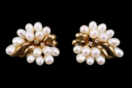 Vintage 14K Yellow Gold Pearls & Diamonds Earrings
