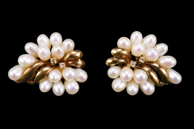 Vintage 14K Yellow Gold Pearls & Diamonds Earrings (1 of 6)