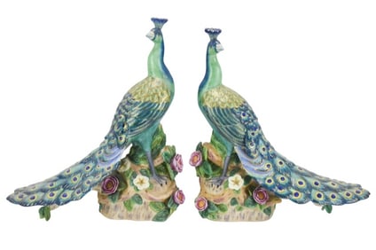 Chelsea House Porcelain Peacock w Sculpted Flowers