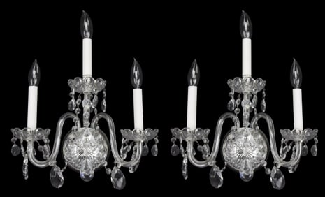 Pair Cut Crystal 3 Light Wall Sconces in Chrome