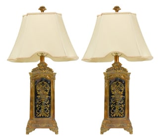 2 Horchow Painted Rustic Gold Tone Table Lamps
