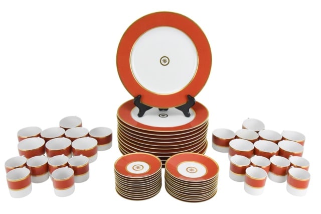 12 Bernardaud Limoges Sparte Porcelain Set: 12 Bernardaud Limoges Sparte Porcelain Set. Includes 12 dinner plates, 12 demi tasse cups and saucers, 12 coffee cups and saucers. Dinner plates measure 12 inches in diameter.