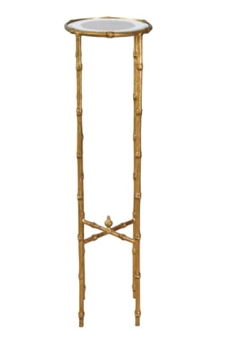 Wrought Iron Gold Finished Glass Faux Bamboo Table: Wrought Iron Gold Finished Glass Top Faux Bamboo Pedestal TableMeasures 41 inches x 11 inches x 11 inches.