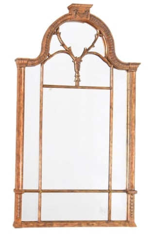 Pagoda Style Hand Carved Gilt Floor Mirror: Pagoda Style Hand Carved Gilt Multi Panel Floor MirrorMeasures 72 inches x 42 inches x 3 inches.Some cracks on Top but does not affect the frame. Sold as is.