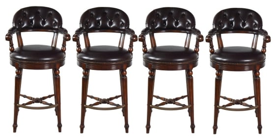 4 Maitland Smith Leather Tudor Swivel Barstools
