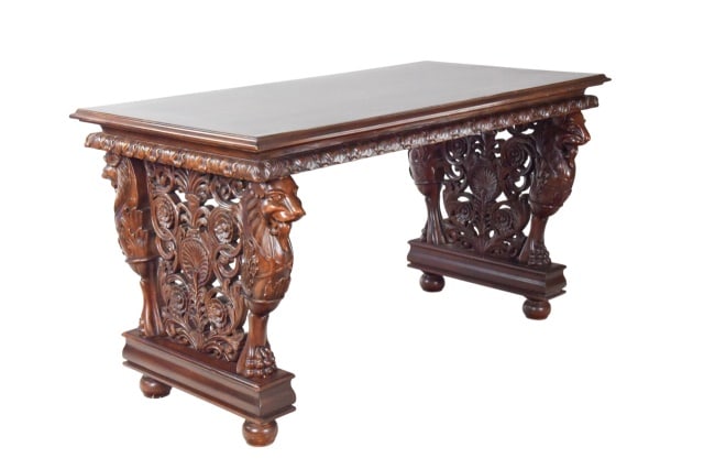 Effingham Gryphon Carved Mahogany Library Desk: Effingham Gryphon Carved Mahogany Library Desk with Glass Top.Measures 31 inches x 56 inches x 28.5 inches