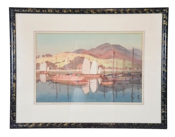 Hiroshi Yoshida Signed Woodblock of Harbor