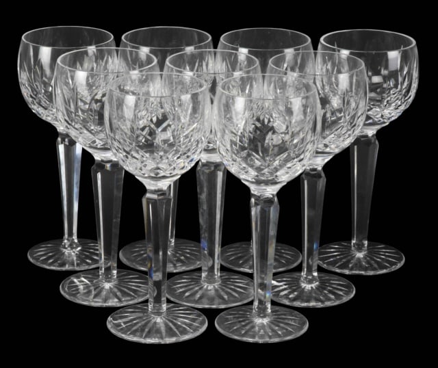 10 Waterford Crystal Stem Red Wine Glasses: 10 Waterford Crystal Stem Red Wine Glasses. Each measures 7.5 inches x 3 inches.