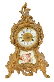 Antique Waterbury Bronze & Porcelain Mantle Clock