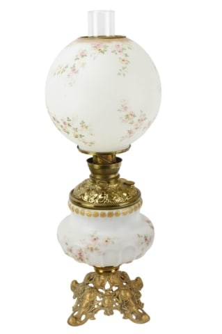 Large Antique Larkin Double Glass Oil Lamp: Large Antique Larkin Hand Painted Double Glass Converted Oil Lamp with Original Brass Fittings. Measures 24 inches x 10 inches.
