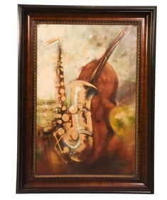 Signed Oil Painting Still Life Musical Instruments