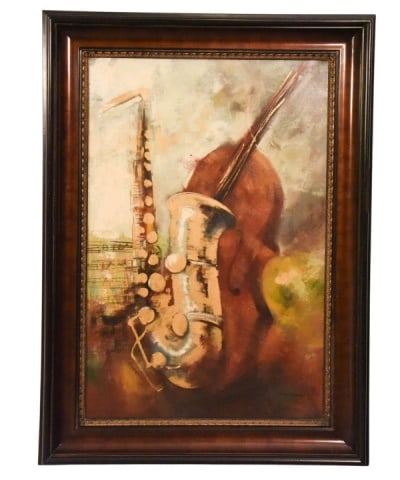 Signed Oil Painting Still Life Musical Instruments: Signed Oil Painting Still Life of Musical Instruments. Framed measures 45 inches x 33 inches, art measures 36 inches x 23 inches.