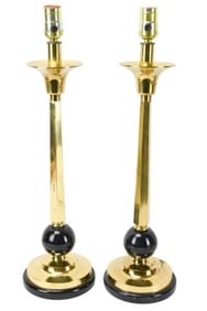 Pair Polished Brass & Marble Candlestick Lamps