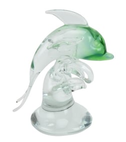 Murano Glass Dolphin on Wave Pedestal Statue