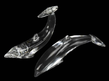 Pair Baccarat France Crystal Dolphin Statues