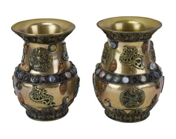 Nepal Copper & Brass Vases w Semi Precious Stones