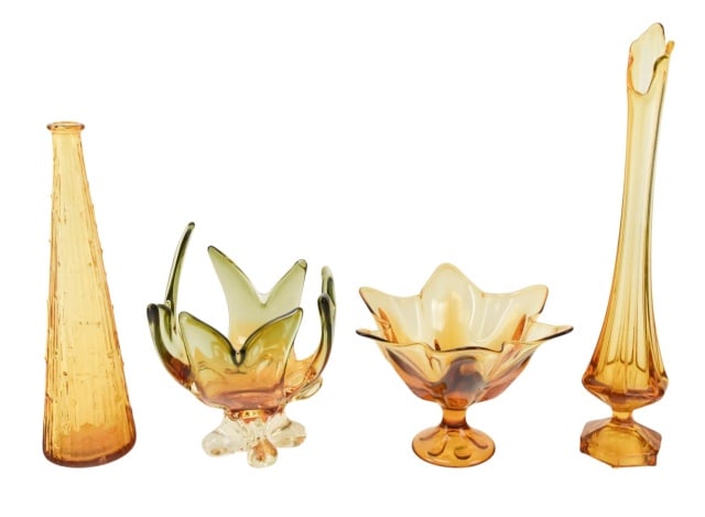 4 Viking Amber Gold Glass Bowls & Vases: 2 Vintage Viking Amber Gold Glass Handkerchief Stem Bowls and 2 Vases. Bowls each measure approximately 11 inches x 9 inches.