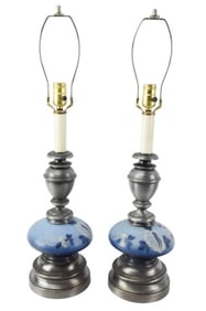 Mid C Pewter Tone Hand Painted Milk Glass Lamps