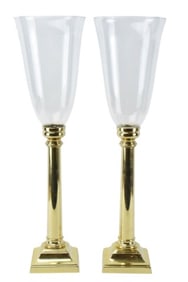 Pair Baldwin Brass & Glass Hurricane Candlesticks