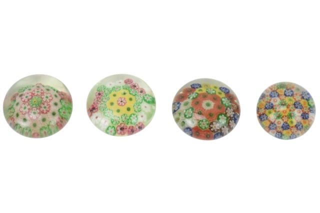 4 Antique Chinese Millefiori Art Glass Paperweight: 4 Antique Chinese Millefiori Art Glass Paperweights. Largest measures 3 inches in diameter.