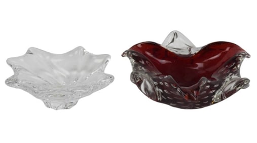 Murano Style Red Art Glass and Clear Glass Ashtray