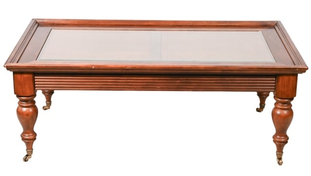 Classic Wood and Cane Glass Top Coffee Table: Classic Wood and Cane Glass Top Coffee Table.Measures 20 inches x 50 inches x 28 inches.