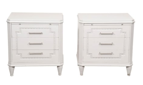 Pair Mid Century Hand Carved Painted Nightstands