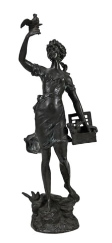 Emile Guillemin Signed Bronze Sculpture Girl Bird