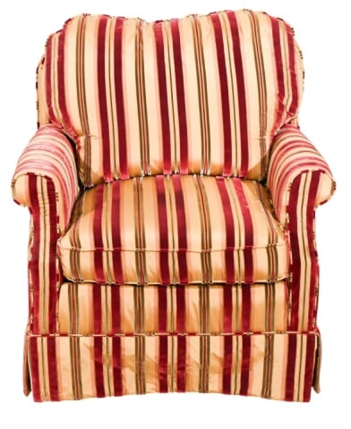 Thomasville Skirted Custom Upholstered Armchair: Thomasville Skirted Custom Velvet Upholstered Armchair.Measures 30 inches x 32 inches x 30 inches seat height 18 inches.