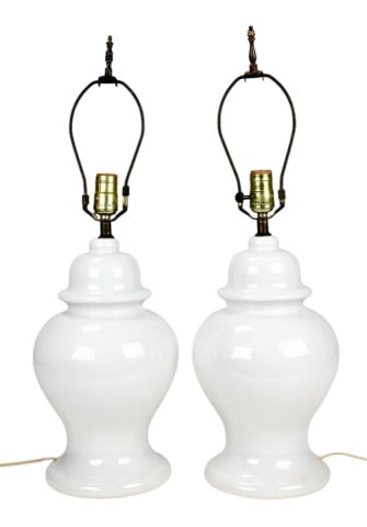 Pair Blanc De Chine Porcelain Urn Form Lamps: Pair Blanc De Chine Porcelain Urn Form Lamps. Each measures 25 inches x 8 inches in diameter.