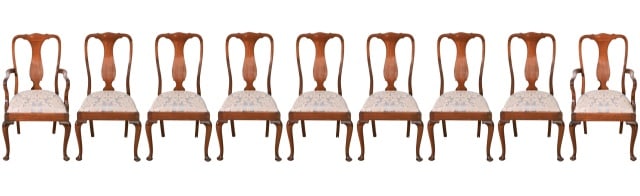 8 Queen Anne Style Carved Upholstered Armchairs: 8 Queen Anne Style Hand Carved Custom Upholstered in Fortuny Fabric Armchairs.Measures 40 inches x 22 inches x 20 inches seat height 20 inches.