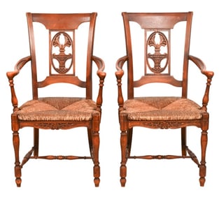 2 Antique French Carved Walnut Woven Rush Chairs