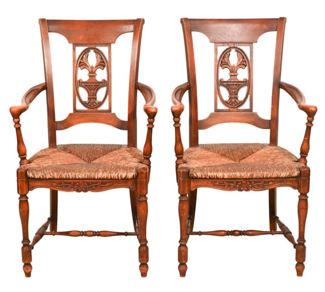 2 Antique French Carved Walnut Woven Rush Chairs (1 of 18)