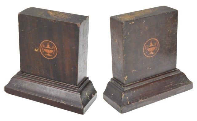 Pair Antique Hepplewhite Marquetry Bookends: Pair Antique Hepplewhite Marquetry Bookends. Bookends need refinishing. Each measures 7 inches x 7 inches.