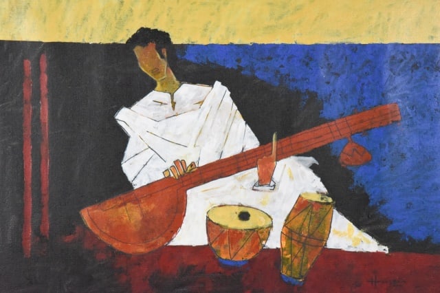 After Maqbool F. Husain Acrylic Painting Man Sitar (1 of 12)