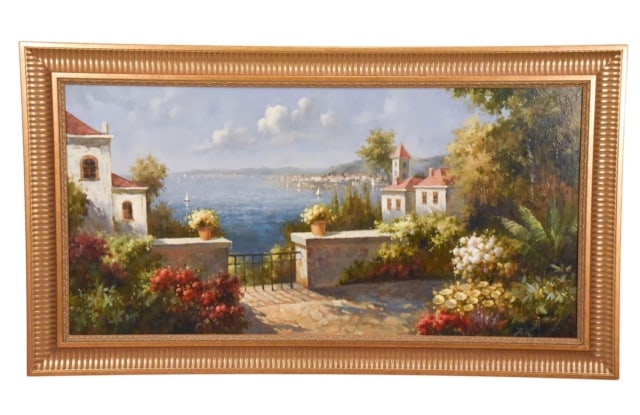 B. Harvey Signed Oil Painting Terrace Over Water: B. Harvey Signed Oil Painting of European Terrace Over Water, Professionally Framed. Framed measures 31 inches x 56 inches, art measures 23 inches x 48 inches.